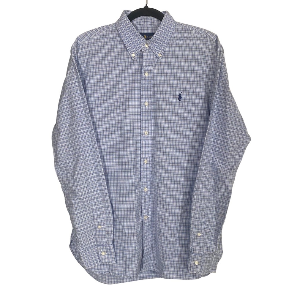 Ralph Lauren Mens Blue White Check‎ Button Down Shirt Cotton 15.5 39 Long Sleeve